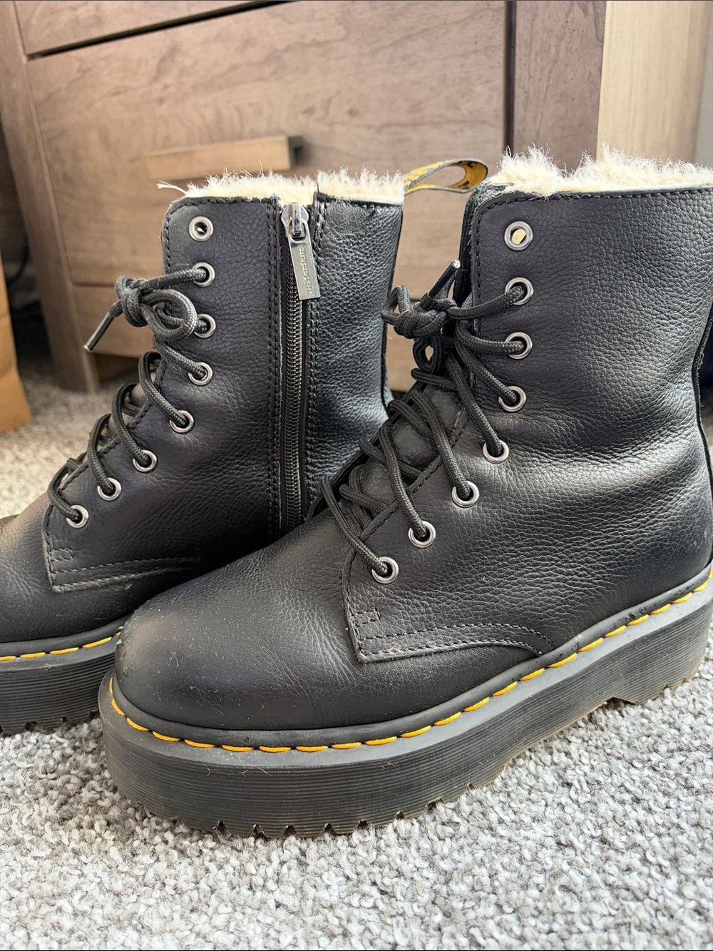 Dr. Martens Black Lace-Up Platform Boots with Cream Faux Fur